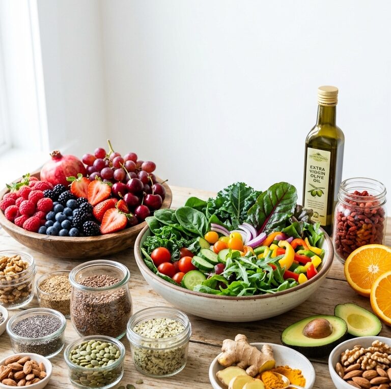 Mesa com alimentos anti-inflamatórios coloridos e saudáveis
