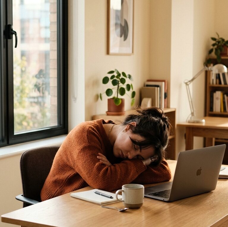 Pessoa com burnout apoiada na mesa de trabalho
