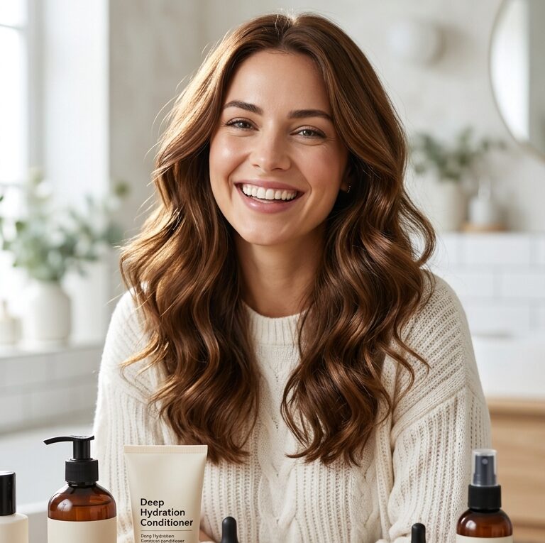 Mulher sorrindo com cabelo brilhante e saudável após tratamento capilar