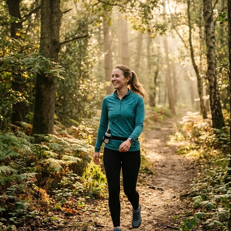 Pessoa caminhando em parque arborizado ao amanhecer com luz dourada