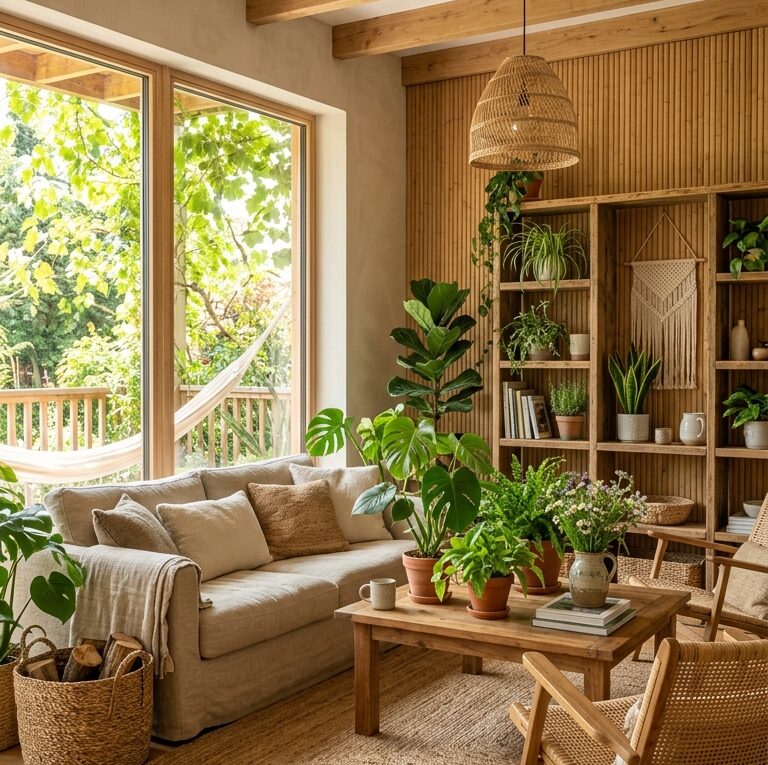 Sala decorada com materiais naturais sustentáveis, plantas e madeira