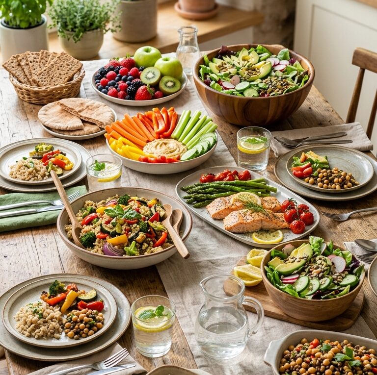 Mesa com alimentos saudáveis para diabéticos com baixo índice glicêmico