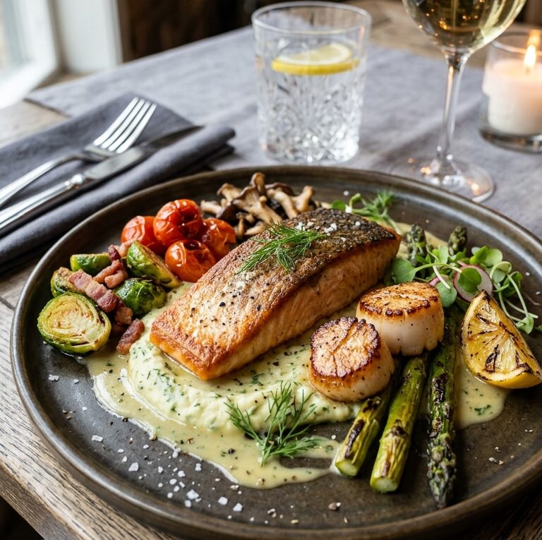 Prato gourmet com proteínas e vegetais saudáveis da dieta low carb