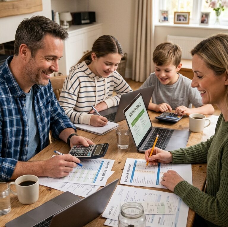 Família discutindo orçamento doméstico e educação financeira em casa