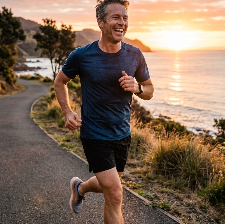 Homem de 40 anos sorridente correndo ao amanhecer com energia e saúde