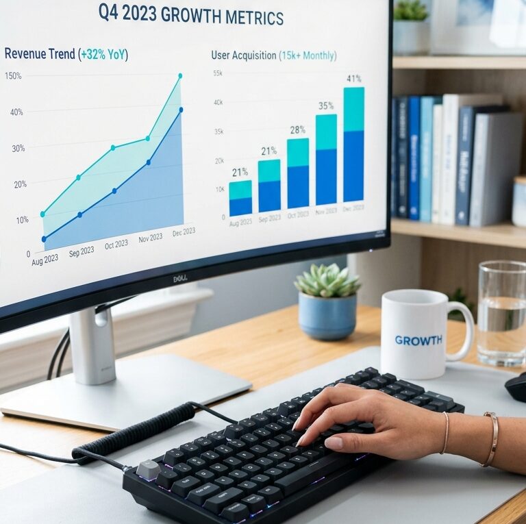 Mão digitando em teclado com gráficos de crescimento freelance na tela