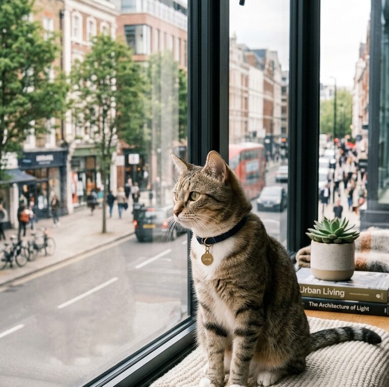 Gato curioso e elegante sentado na janela de apartamento moderno com luz natural