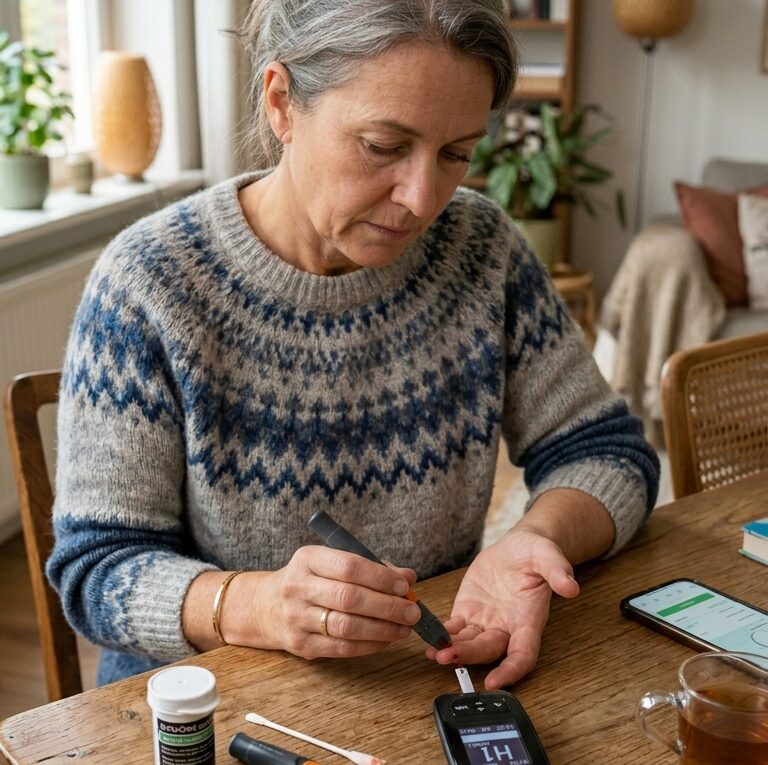 Pessoa medindo glicemia em casa com aparelho moderno para controlar diabetes