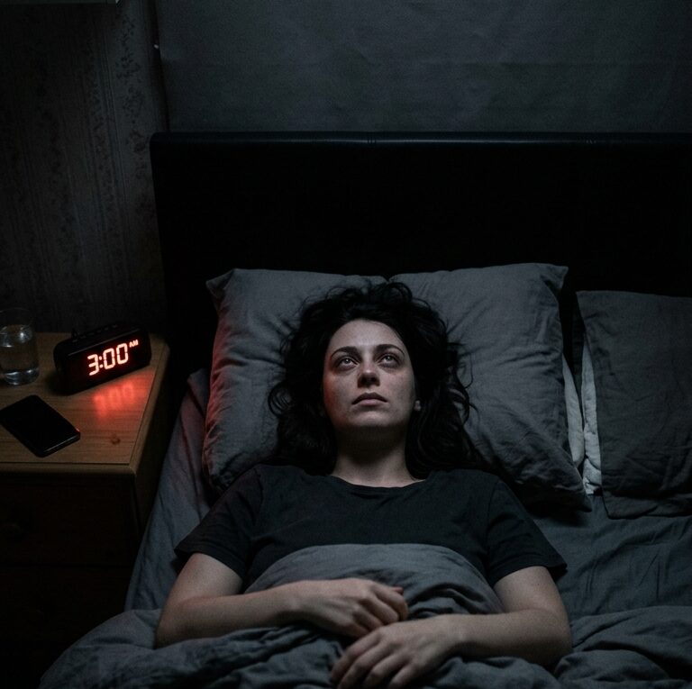Pessoa acordada à noite com insônia olhando para o teto