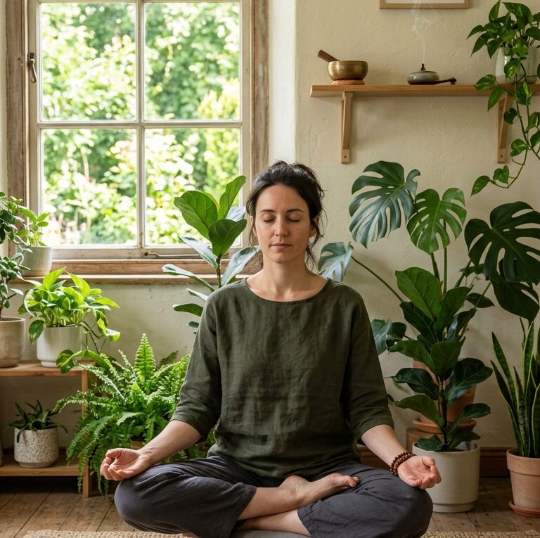 Pessoa meditando em posição de lótus com plantas ao redor em ambiente zen
