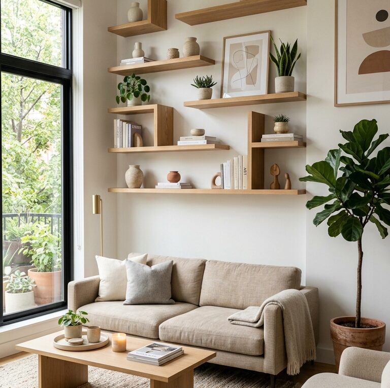 Sala de estar organizada e minimalista com prateleiras criativas e decoração clean
