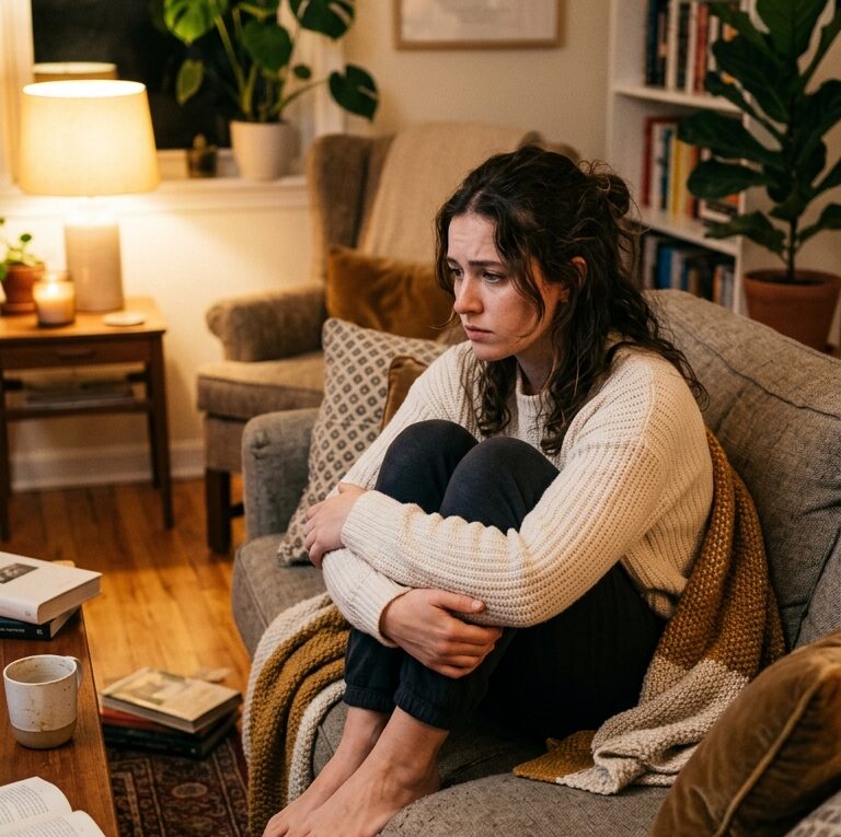 Pessoa com overthinking sentada abraçando os joelhos pensativamente