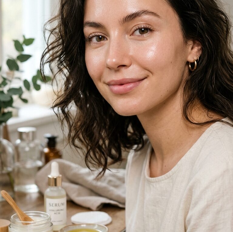 Close-up de rosto feminino com pele limpa e cuidada com produtos de skincare