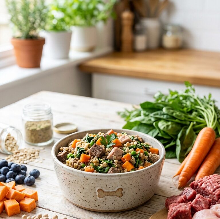 Bowl com ração natural caseira para cachorro com ingredientes frescos