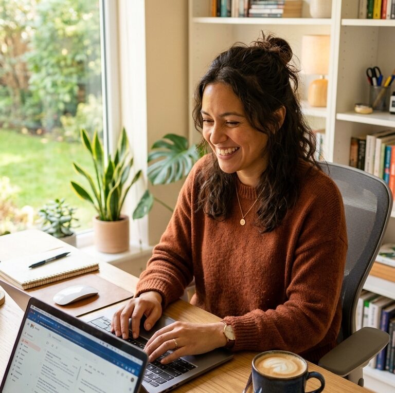 Pessoa trabalhando feliz no notebook em home office gerando renda extra online