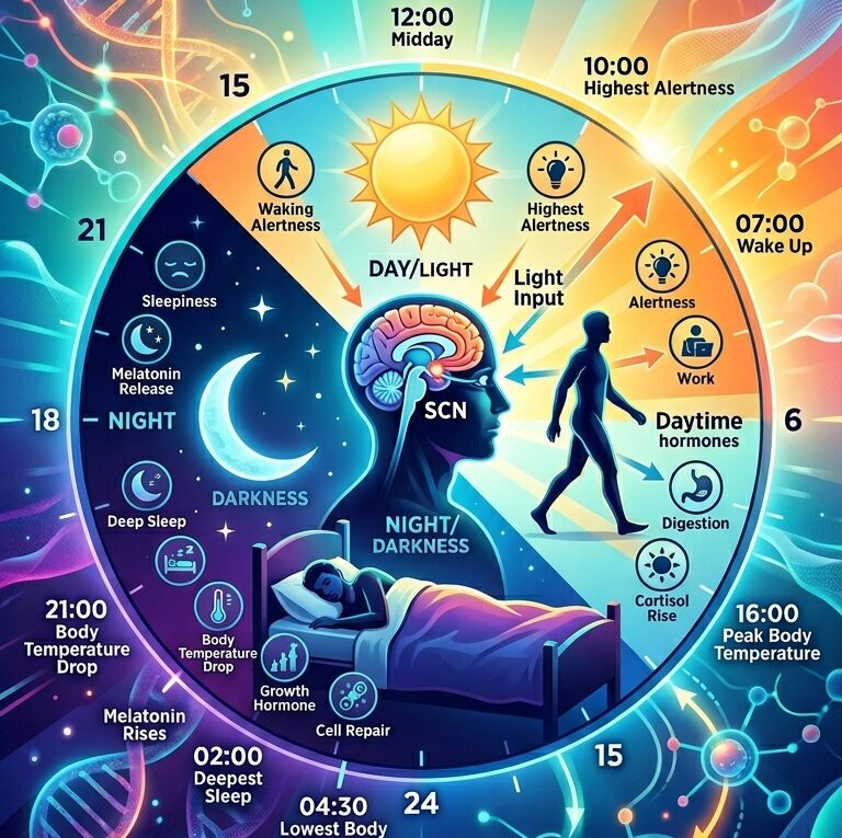 Ilustração do relógio biológico circadiano com ciclo dia e noite