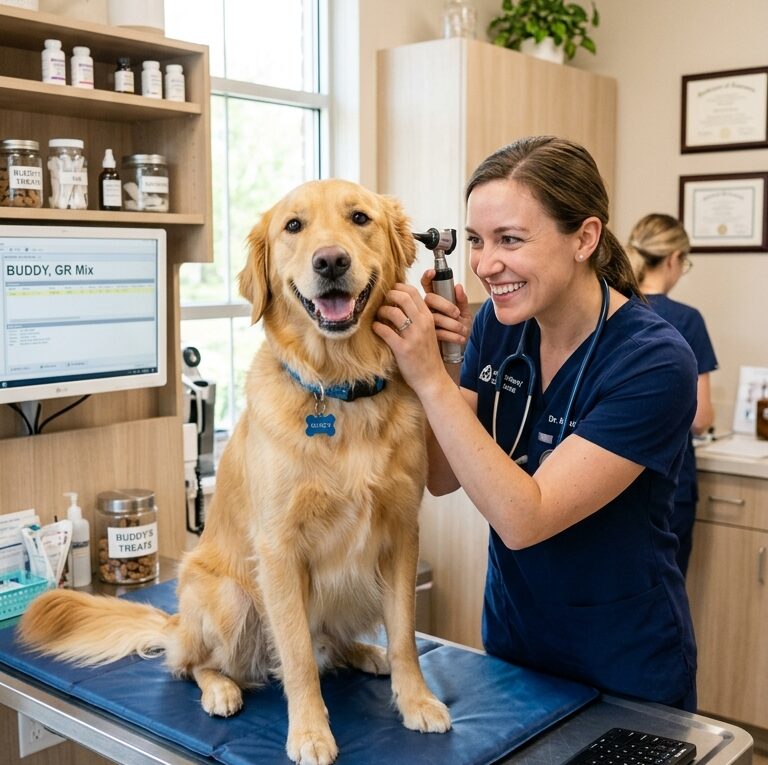 Cachorro sorridente e saudável sendo examinado por veterinário
