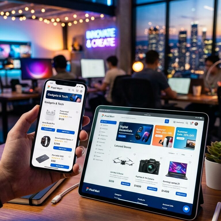 Smartphone e tablet com loja de produtos digitais e e-commerce